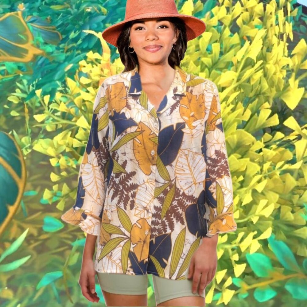 ALFRED DUNNER Tropical Leaf Patterns Collared Button-Up Blouse Sz 12P